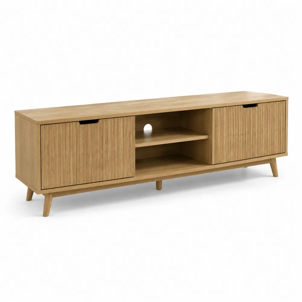 TV Lowboard 180 cm x 40 cm x 48 cm Holzwerkstoff Eiche Dekor Lamellenfront rechteckig Naturholzfarben mit offenen Fächern