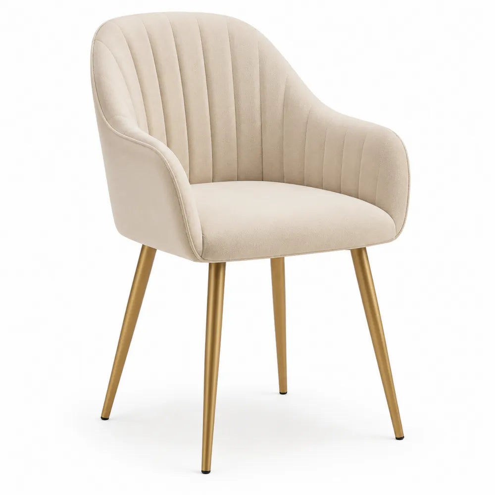 Esszimmerstuhl Polsterstuhl 52 x 58 x 82 cm Stoff Beige Metallbeine Gold gepolstert mit Armlehnen