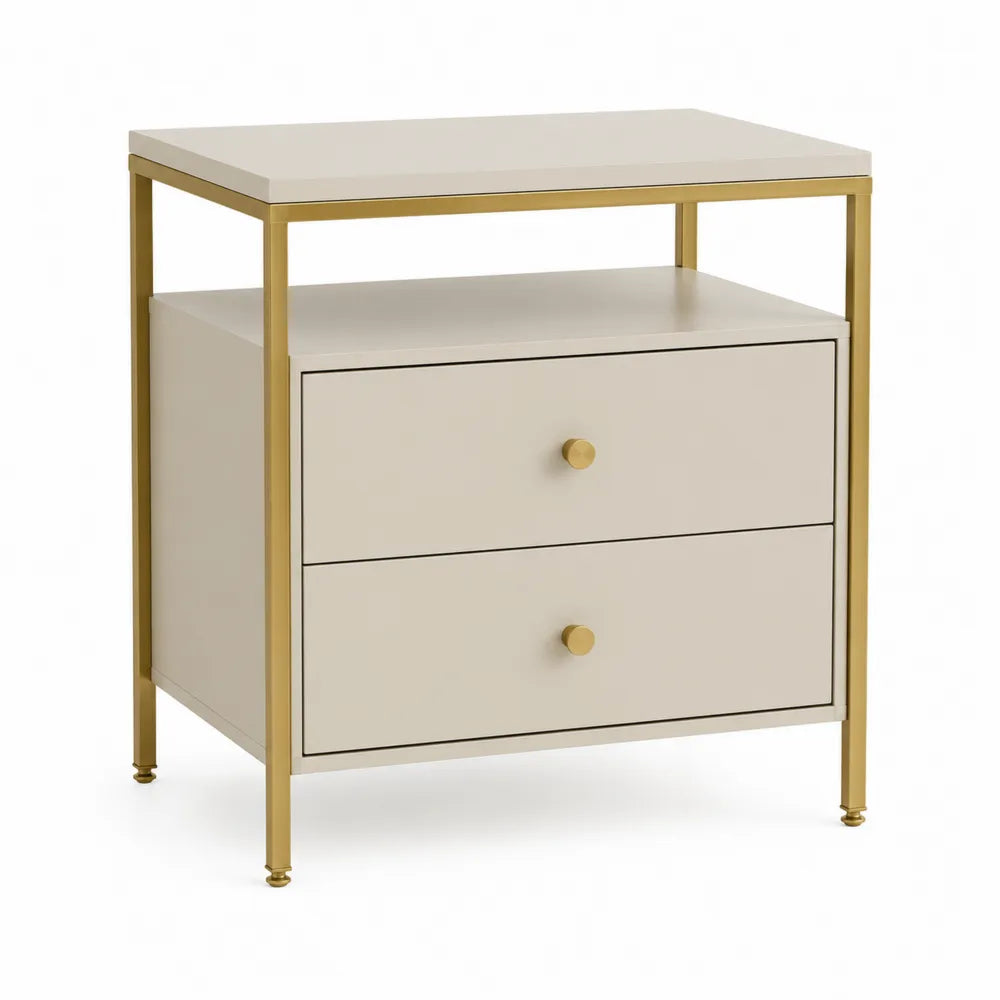 Nachttisch mit 2 Schubladen und offenem Fach MDF Metallgestell Goldfarben Beige rechteckig