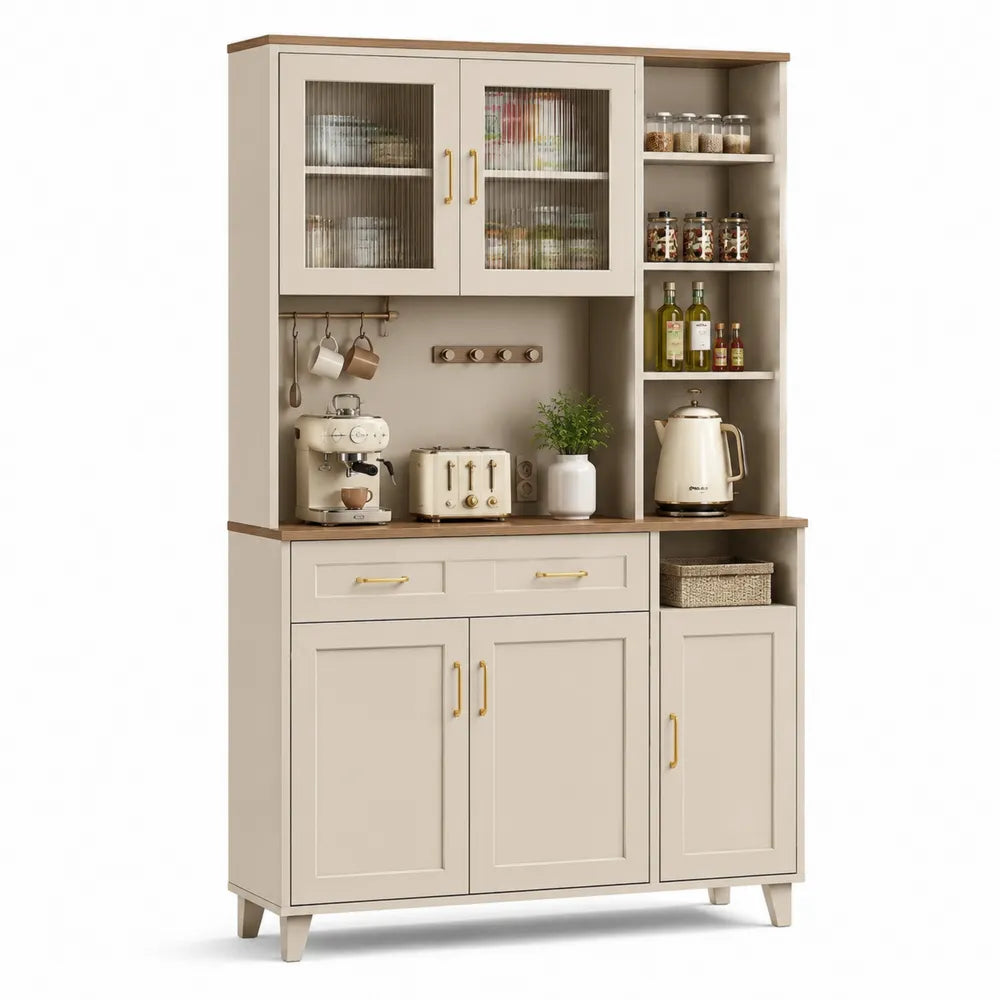 Küchenbuffet Sideboard 120 cm x 40 cm x 180 cm MDF Spanplatte Riffelglastüren offene Regale Schubladen 3 Türen rechteckig Cremeweiß Naturholz Goldfarben