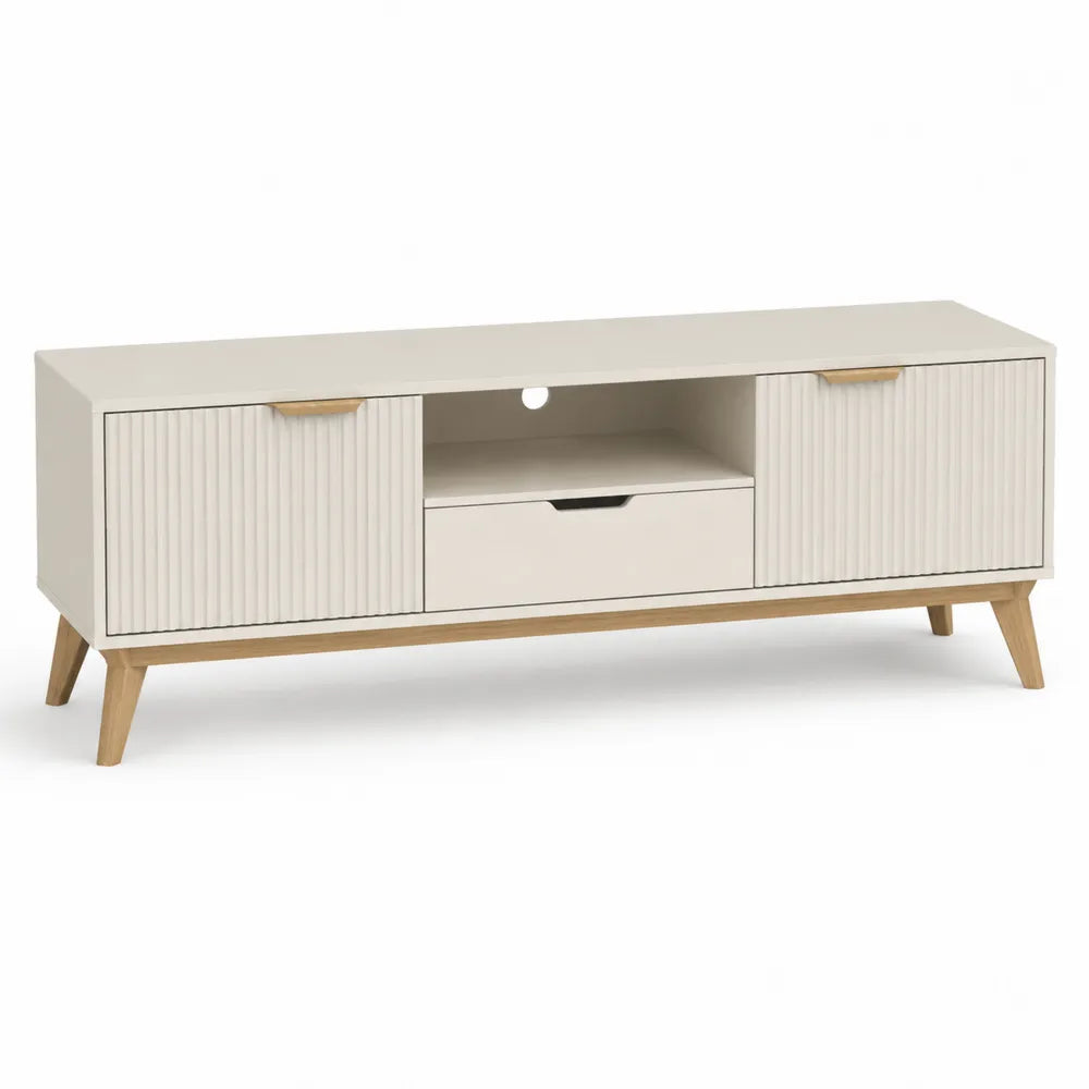 TV Lowboard 180 cm x 40 cm x 50 cm Holzwerkstoff MDF Melaminbeschichtung Greige Lamellenfront rechteckig Naturholzfarben Goldfarben