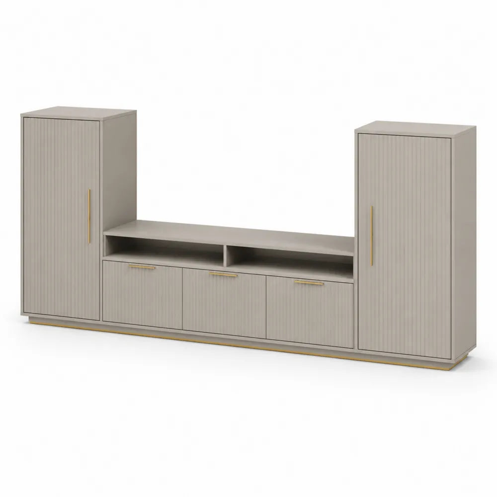 Wohnwand Set 3-teilig mit TV Lowboard und 2 Hochschränken 240 x 40 x 140 cm Holzwerkstoff rechteckig Greige Goldfarben