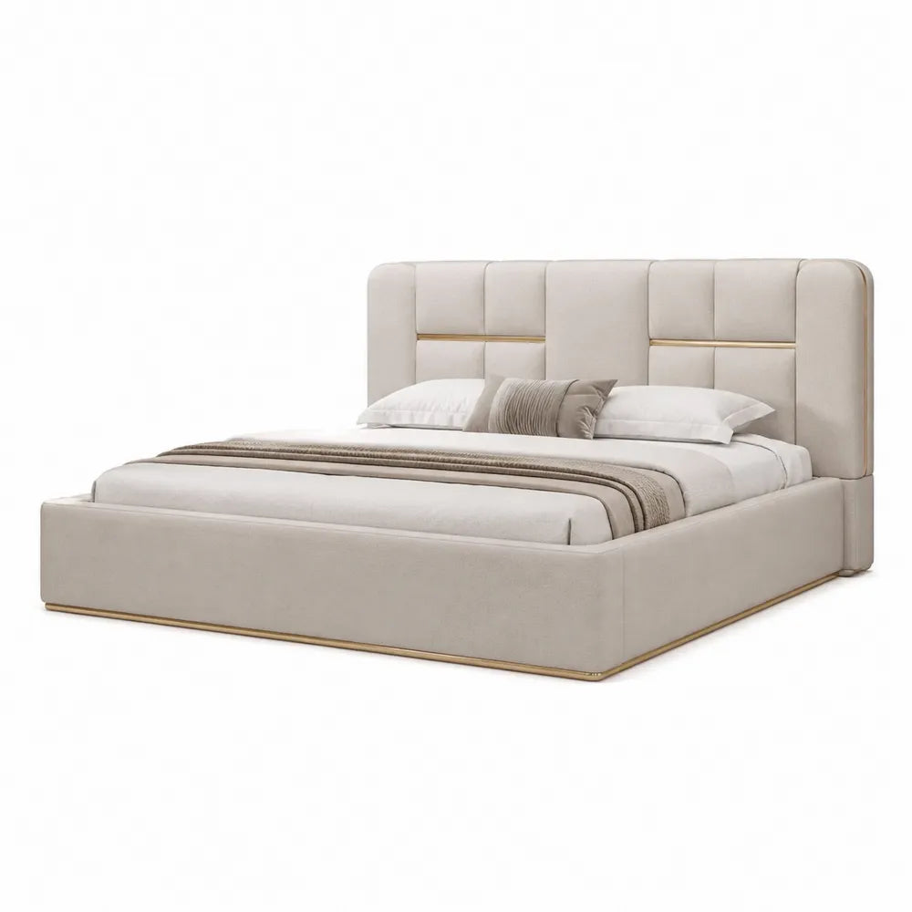 Polsterbett mit Kopfteil 180 x 200 cm Stoff Metallgestell Beige Gold rechteckig