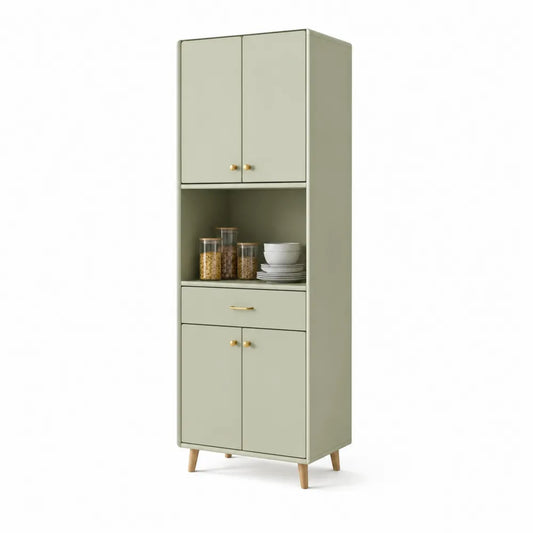 Küchen-Sideboard 60 x 40 x 180 cm Holzwerkstoff mit 4 Türen 1 Schublade und offenem Fach rechteckig Salbeigrün Naturholzfarben Goldfarben