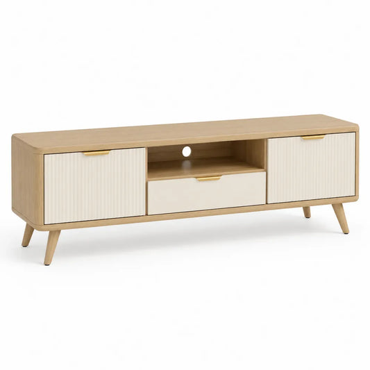 TV Lowboard 160 cm x 40 cm x 50 cm Holzwerkstoff Eiche Dekor Cremeweiß rechteckig mit 2 Türen Schublade und offenem Fach