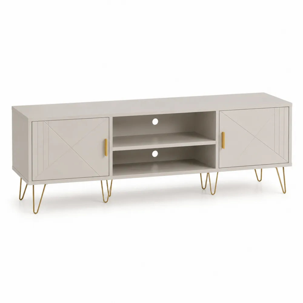 TV Lowboard 160 x 40 x 50 cm Holzwerkstoff mit 2 Türen und offenen Fächern rechteckig Greige Gold Metallbeine