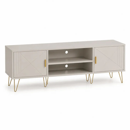TV Lowboard 160 x 40 x 50 cm Holzwerkstoff mit 2 Türen und offenen Fächern rechteckig Greige Gold Metallbeine