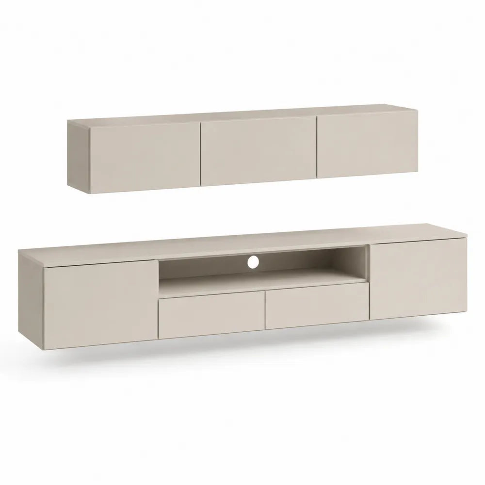 TV-Möbel Set 200 cm x 35 cm x 30 cm MDF Holzwerkstoff Melaminbeschichtung rechteckig Beige wandhängend mit Hängeschrank