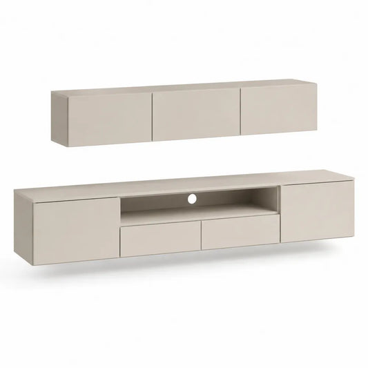 TV-Möbel Set 200 cm x 35 cm x 30 cm MDF Holzwerkstoff Melaminbeschichtung rechteckig Beige wandhängend mit Hängeschrank