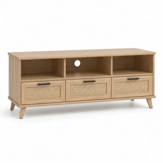 TV Lowboard 160 x 40 x 50 cm Holzwerkstoff mit Rattanschubladen und offenen Fächern rechteckig Naturholzfarben Schwarz