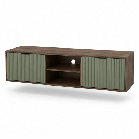 TV Lowboard 180 x 35 x 30 cm Holzwerkstoff Wandmontage mit 2 Türen und offenem Fach rechteckig Walnussbraun Salbeigrün