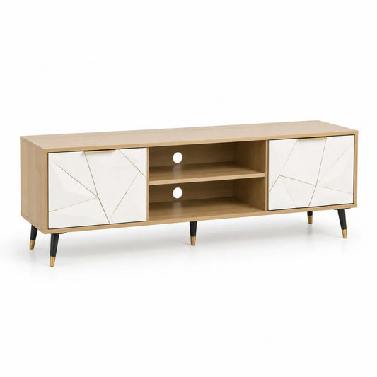 TV Lowboard 180 cm x 40 cm x 50 cm Holzwerkstoff Eiche Dekor Weiß Schwarz Goldfarben rechteckig mit 2 Türen und offenem Fach