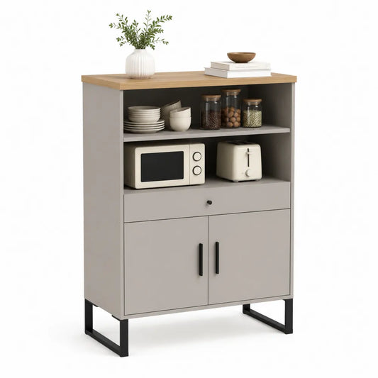 Küchen Sideboard 80 cm x 40 cm x 120 cm MDF Spanplatte Stahl Greige Naturholz Schwarz mit offenen Fächern Schublade und 2 Türen