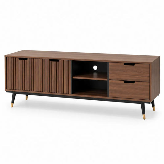 TV Lowboard 180 x 40 x 55 cm Holzwerkstoff mit 2 Türen 2 Schubladen und offenem Fach rechteckig Walnussbraun Schwarz Goldfarben