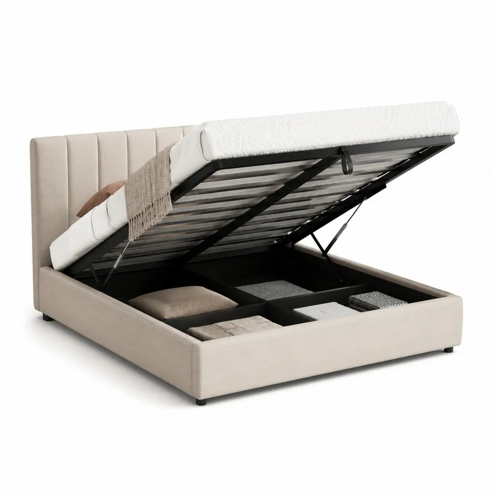 Stauraumbett Polsterbett mit Bettkasten 180 cm 200 cm Beige Schwarz Metallgestell rechteckig
