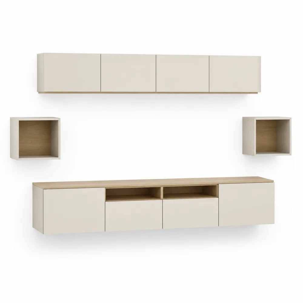 Wohnwand Set TV Möbel 4-teilig 240 cm x 35 cm x 160 cm Hängeschrank Lowboard Wandregale Spanplatte Eiche Dekor Cremeweiß rechteckig