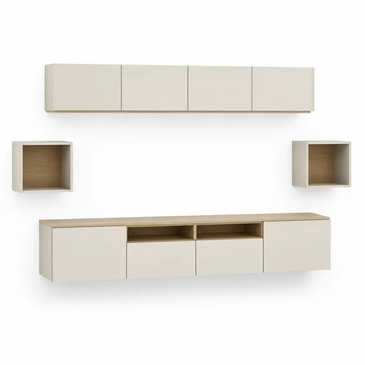 Wohnwand Set TV Möbel 4-teilig 240 cm x 35 cm x 160 cm Hängeschrank Lowboard Wandregale Spanplatte Eiche Dekor Cremeweiß rechteckig