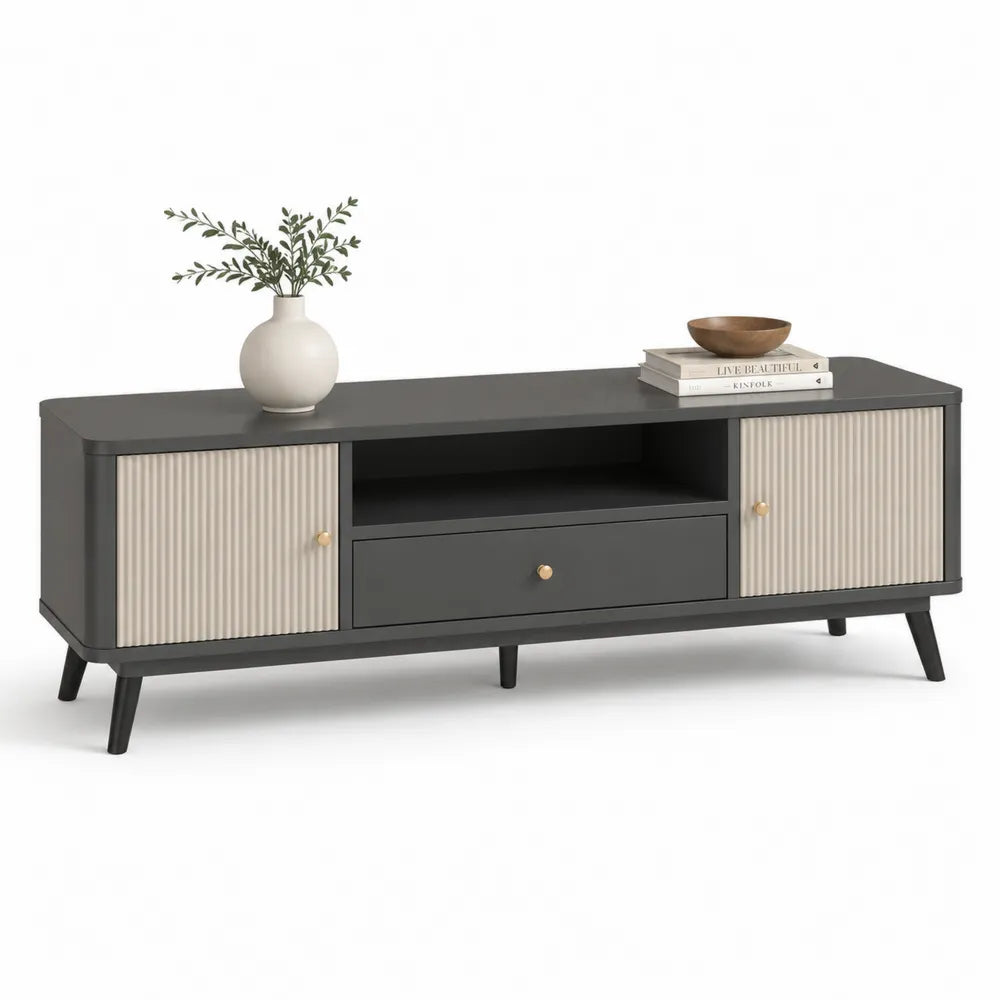 TV Lowboard 180 x 40 x 50 cm Holzwerkstoff mit 2 Türen Schublade und offenem Fach rechteckig Dunkelgrau Beige Schwarz