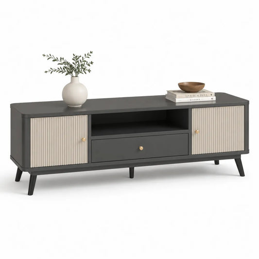 TV Lowboard 180 x 40 x 50 cm Holzwerkstoff mit 2 Türen Schublade und offenem Fach rechteckig Dunkelgrau Beige Schwarz